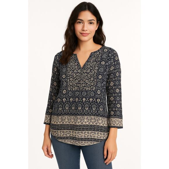 Boho Navy Floral Border Print Tunic Top Lucky Brand Size XL - Picture 1 of 5